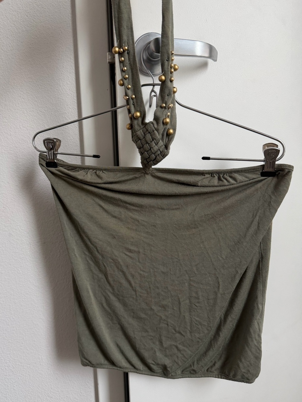 Yoki Olive Green Mini Skirt with Braided Halter Detail